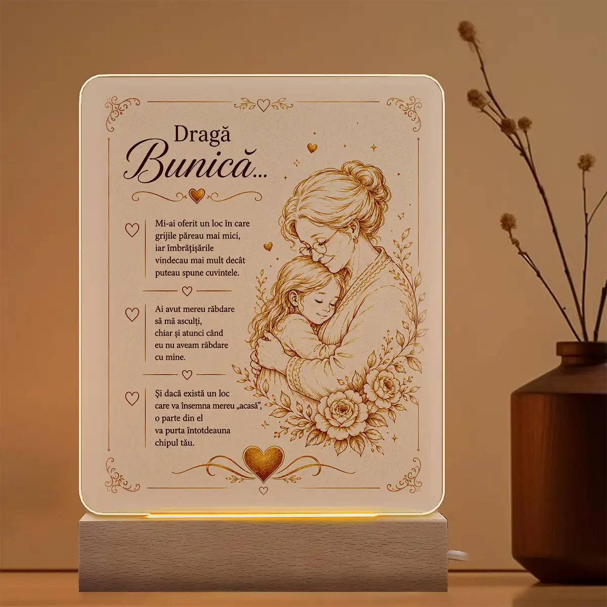 Lampă LED pentru bunică, cu mesaj și suport din lemn