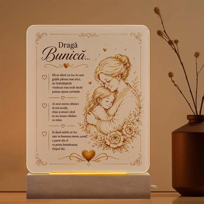 Lampă LED pentru bunică, cu mesaj și suport din lemn