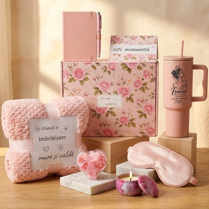 Set cadou premium pentru femei, 11 piese – pătură, termos 1,18 L, lumânare și mască de somn