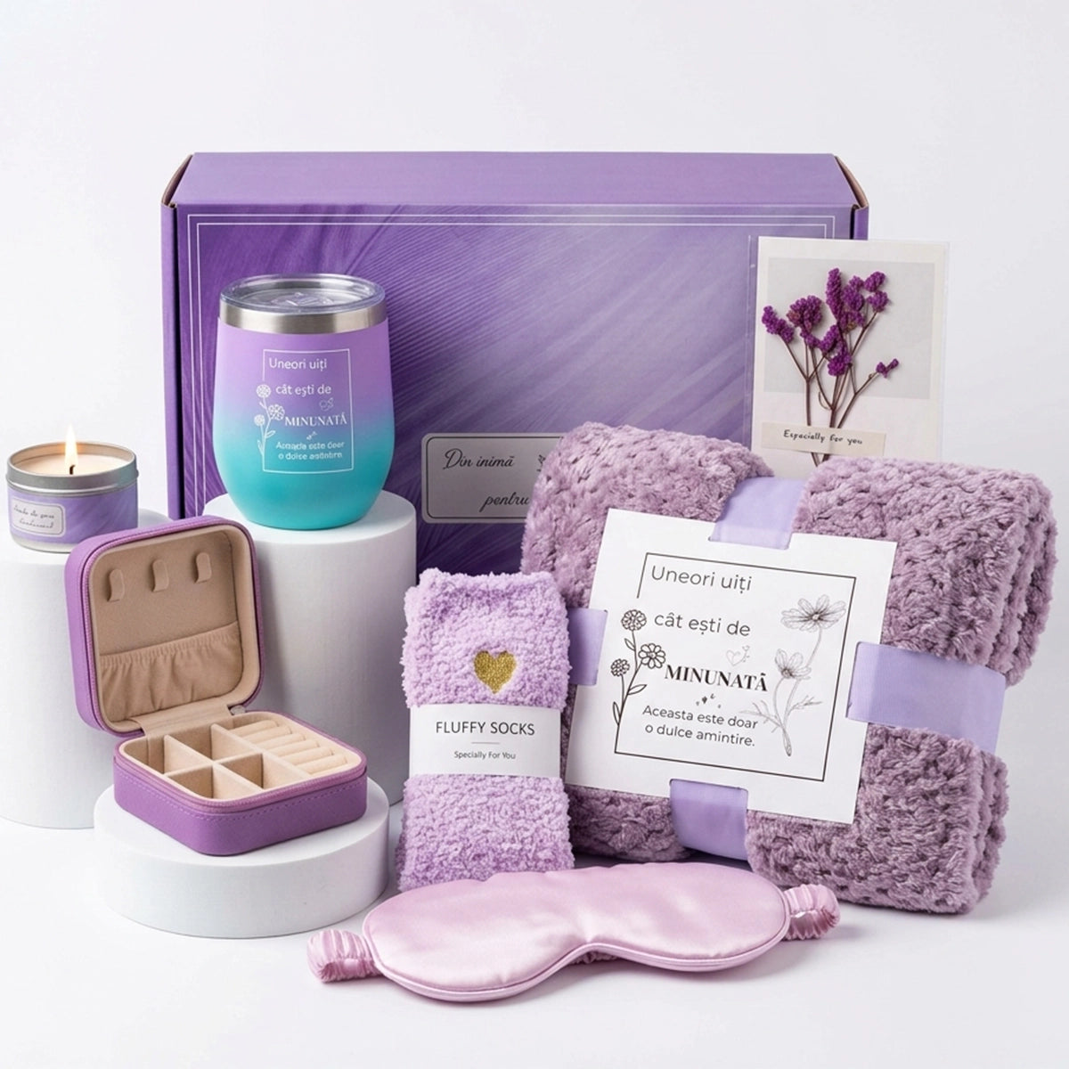 Set premium de 10 piese pentru femei cu pătură, cană termos, mască de somn, șosete și accesorii
