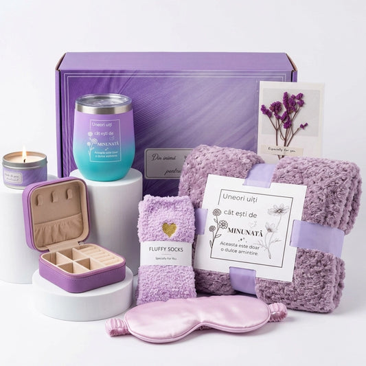 Set premium de 10 piese pentru femei cu pătură, cană termos, mască de somn, șosete și accesorii