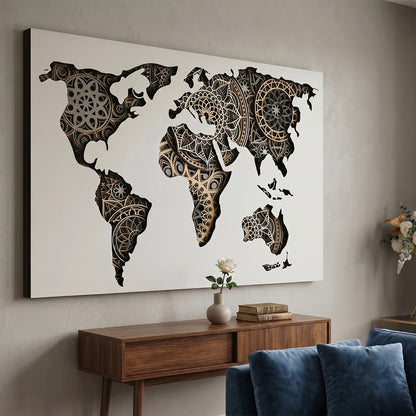 Tablou 3D Harta Lumii din Lemn (8 Straturi) JOYSTOS – Mandala, 60x90 cm