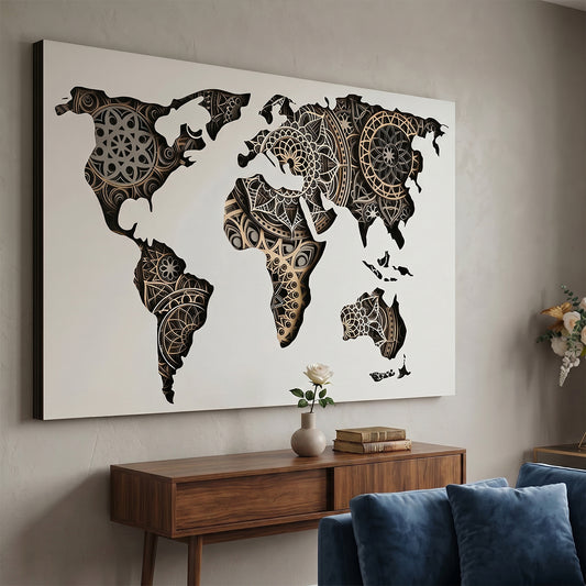 Tablou 3D Harta Lumii din Lemn (8 Straturi) JOYSTOS – Mandala, 60x90 cm