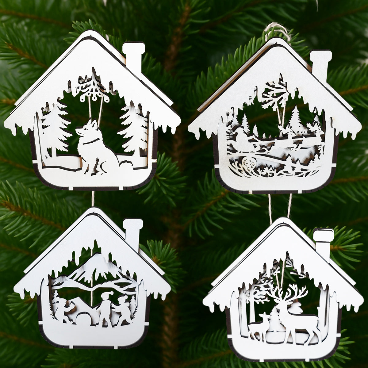 Set 4 Ornamente Brad Craciun 3D din Lemn, JOYSTOS, Casute Decorative 100x100x16 mm, Placaj 3 mm, Globuri Craciun pentru Brad