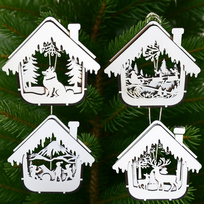 Set 4 Ornamente Brad Craciun 3D din Lemn, JOYSTOS, Casute Decorative 100x100x16 mm, Placaj 3 mm, Globuri Craciun pentru Brad