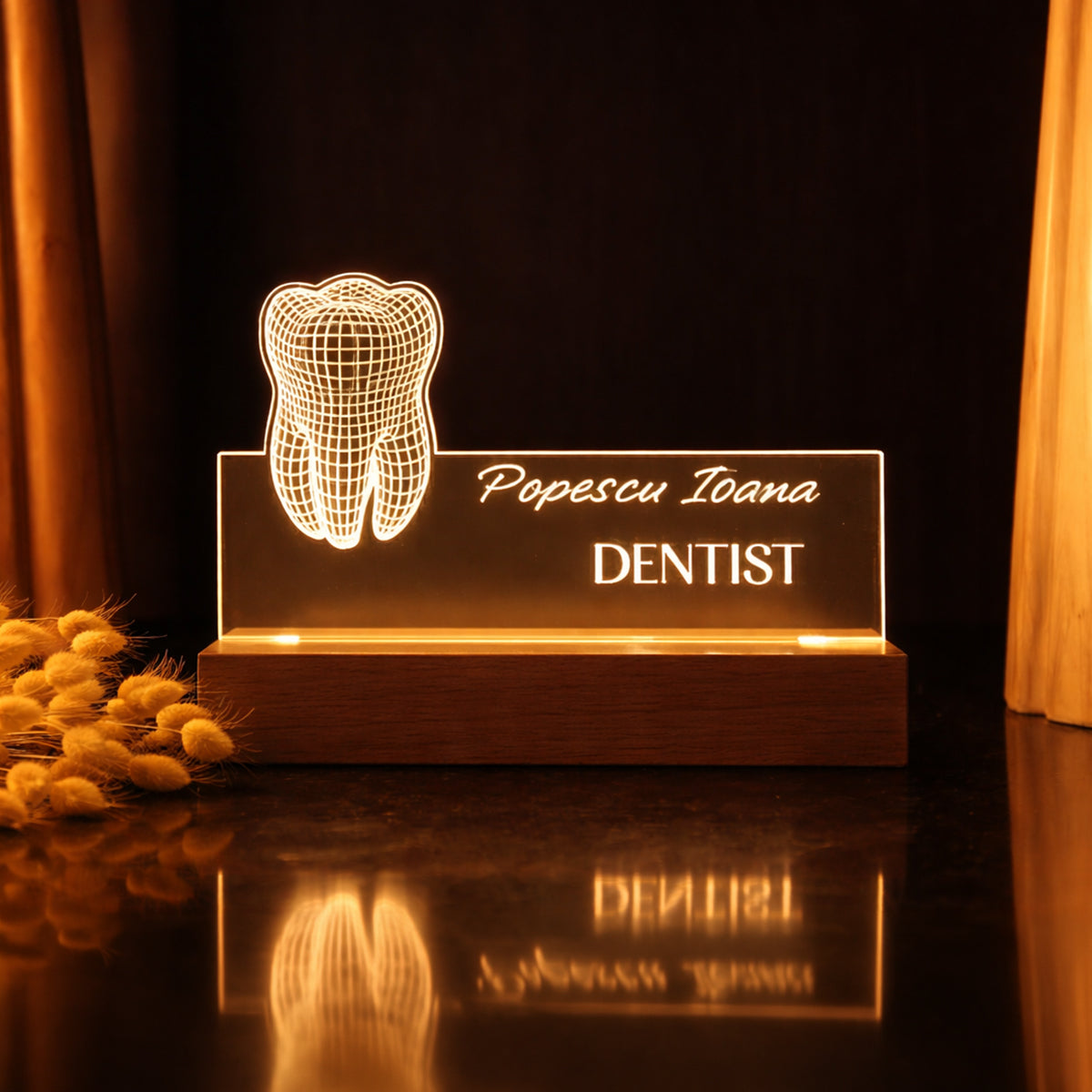 Lampa LED Joystos, Design Stomatologie/Dinte, Baza din Lemn, Acril, Cadou Personalizat pentru Medic Dentist, Alimentare USB, Lumina Calda