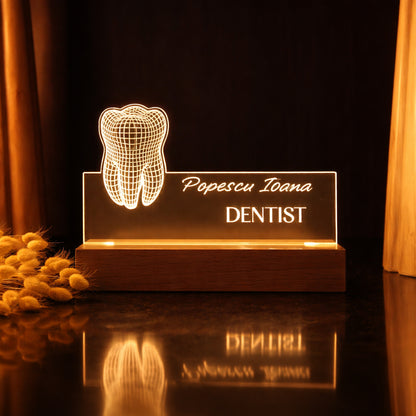 Lampa LED Joystos, Design Stomatologie/Dinte, Baza din Lemn, Acril, Cadou Personalizat pentru Medic Dentist, Alimentare USB, Lumina Calda
