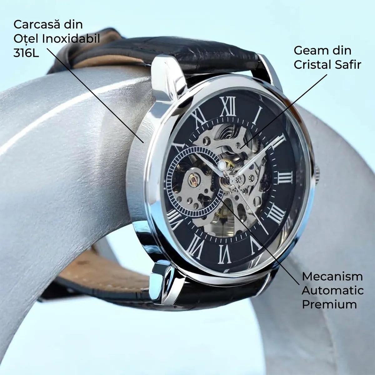 Cadou pentru tata – ceas mecanic skeleton cu mesaj și ambalare inclusă