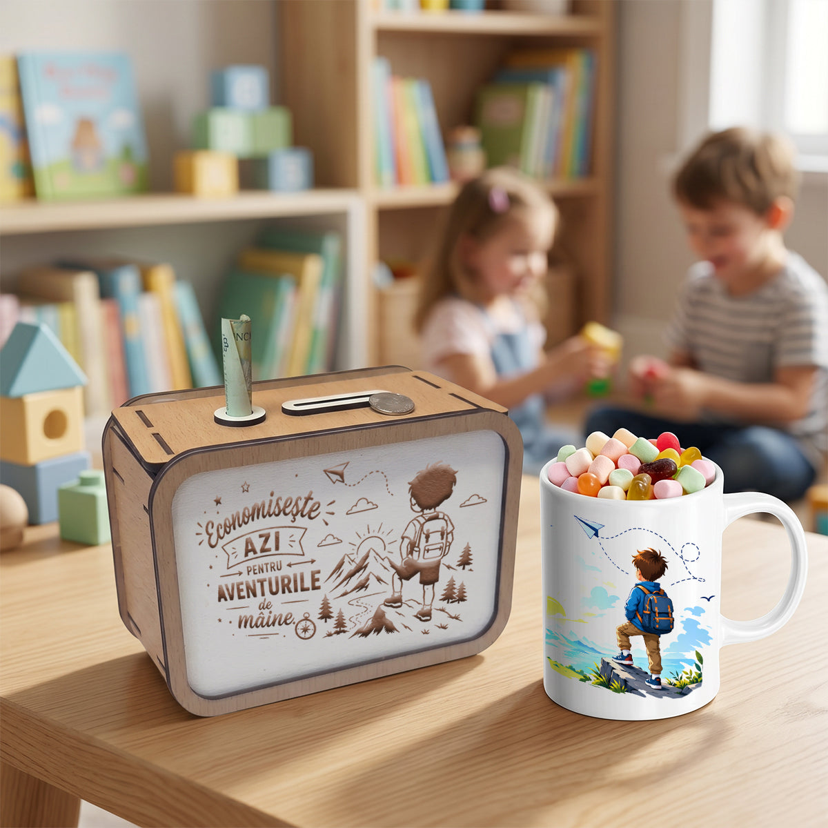 Set Cadou Băiat – Pușculiță din Lemn și Cană Personalizată "Aventurile de Mâine"
