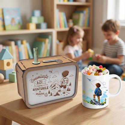 Set Cadou Băiat – Pușculiță din Lemn și Cană Personalizată "Aventurile de Mâine"
