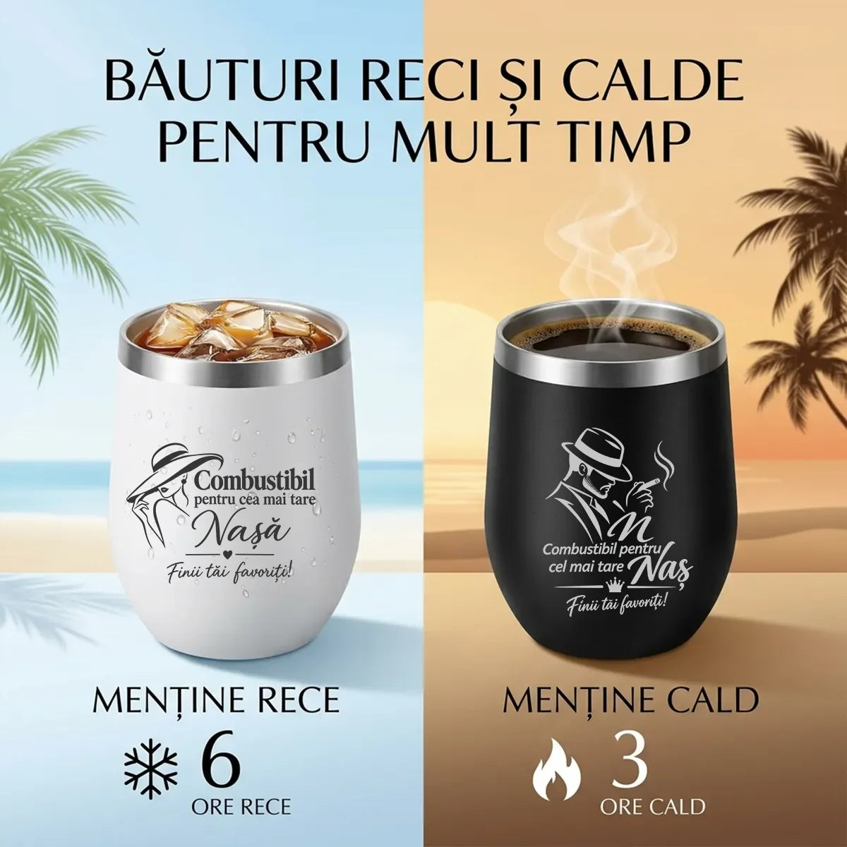 Două căni termos pentru naș și nașă cu mesaje și paie metalice
