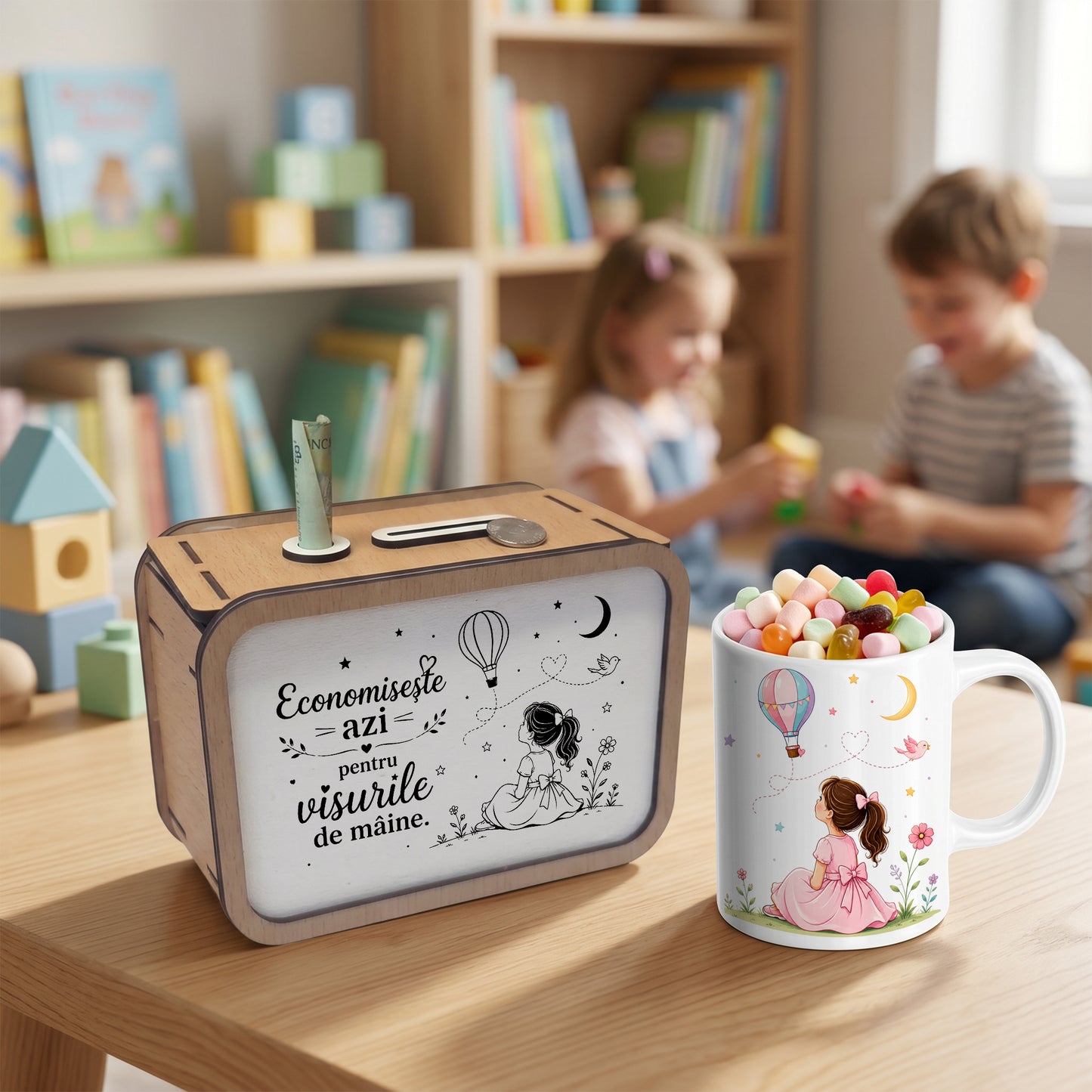 Set Cadou Fetiță – Pușculiță din Lemn și Cană Personalizată "Visurile de Mâine"