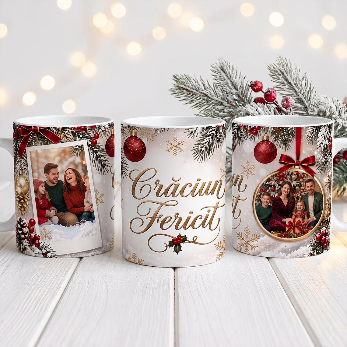 Design de Crăciun pentru cană personalizată cu două poze, globuri și crenguțe de brad