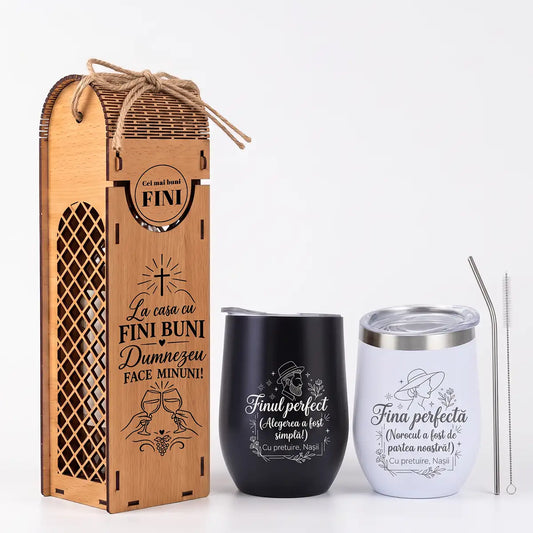 Set cadou Pentru Fini de la Nasi, cutie Vin si Cani Termos Personalizate