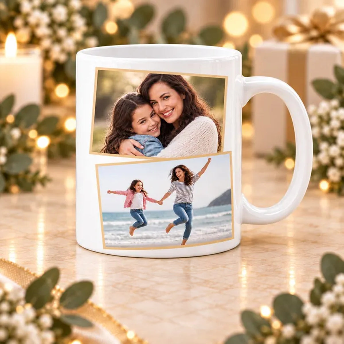 Detaliu al personalizării cănii cu fotografii mamă și fiică