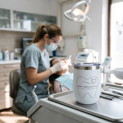 Termos alb de 350 ml pentru medic dentist, cu capac transparent și personalizare cu nume