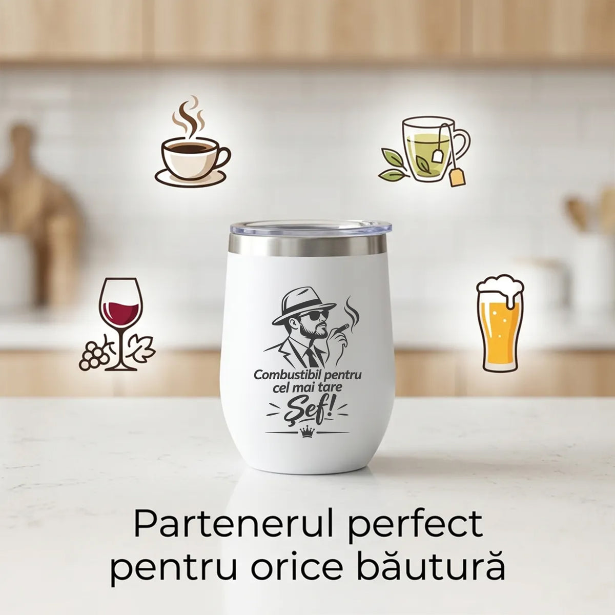 Termos alb pentru șef, prezentare pentru diferite băuturi