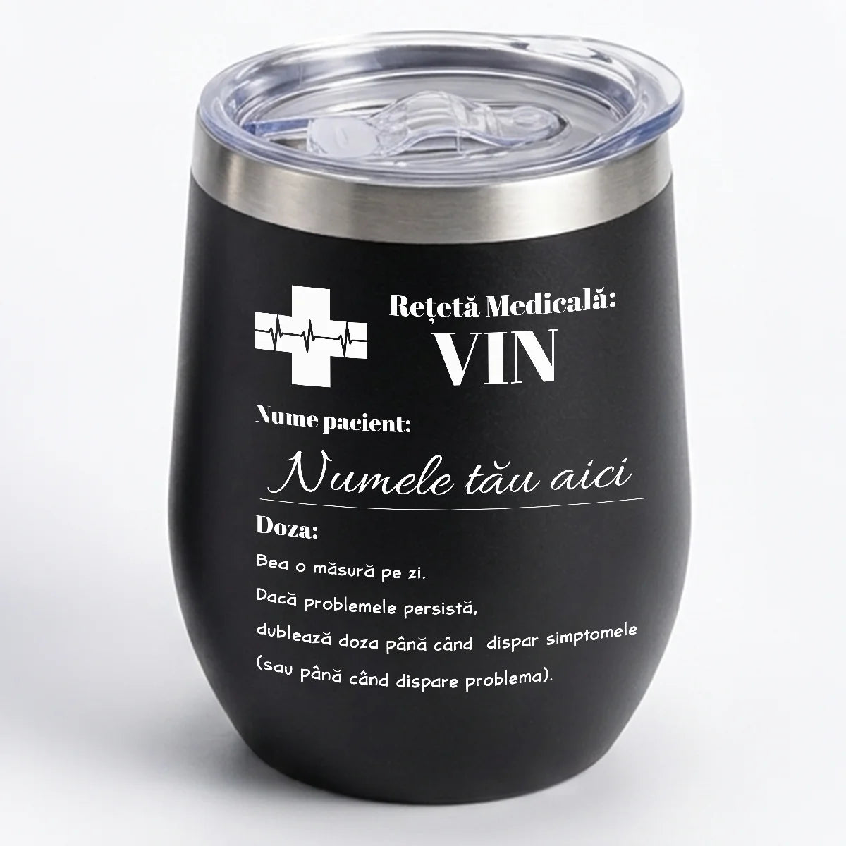 Termos alb cu capac transparent și design haios Rețetă medicală: Vin