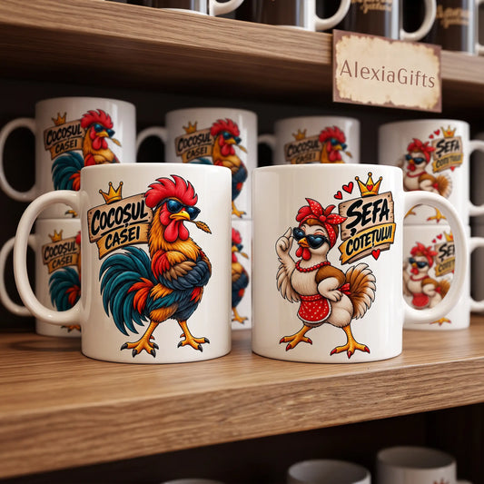 Set Căni Haioase Cuplu – Coćoşul Casei & Şefa Cotețului