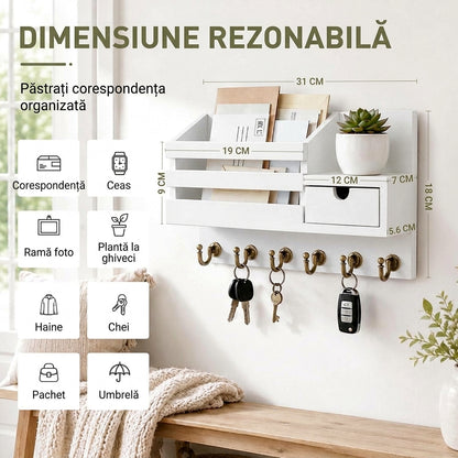 Organizator de Perete 4-în-1 pentru Hol cu Cuier Chei, Suport Corespondență și Sertar Alb