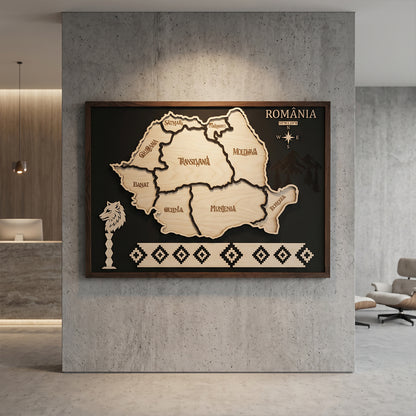 Tablou Decorativ Harta Romaniei, Din Lemn Stratificat Multistrat, Taiat pe Laser si Asamblat Manual, Design Premium cu Regiuni Istorice