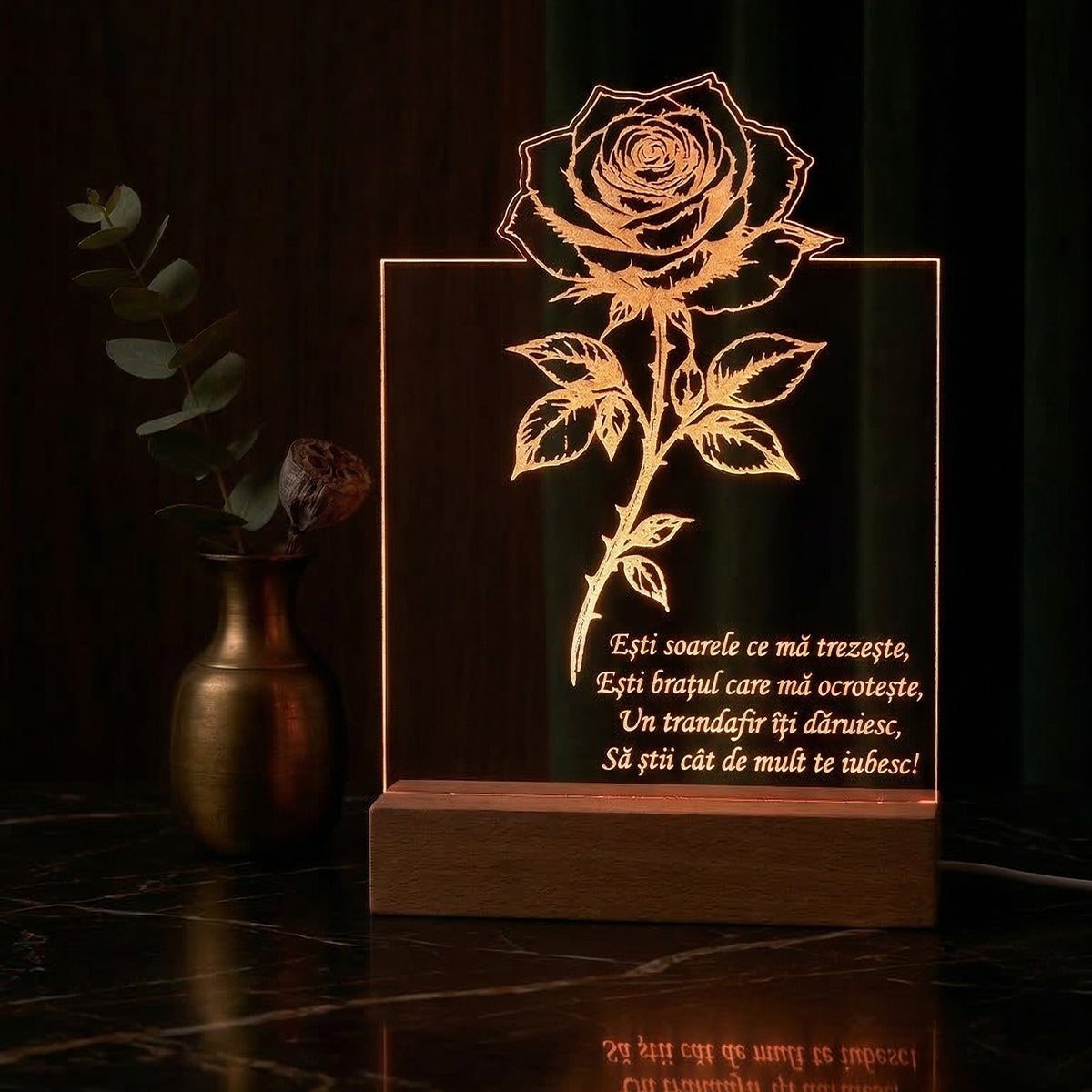 Lampa JOYSTOS trandafir gravat cu mesaj personalizat lumina calda apus