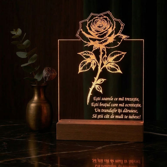 Lampa JOYSTOS trandafir gravat cu mesaj personalizat lumina calda apus