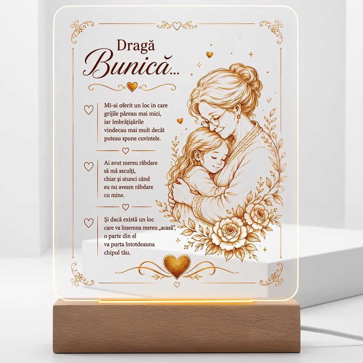 Lampă decorativă cadou pentru bunică, cu ilustrație și mesaj