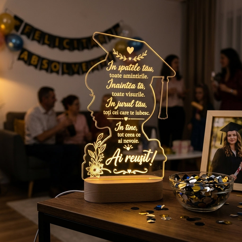 Lampă decorativă pentru absolventă iluminată pe fundal negru
