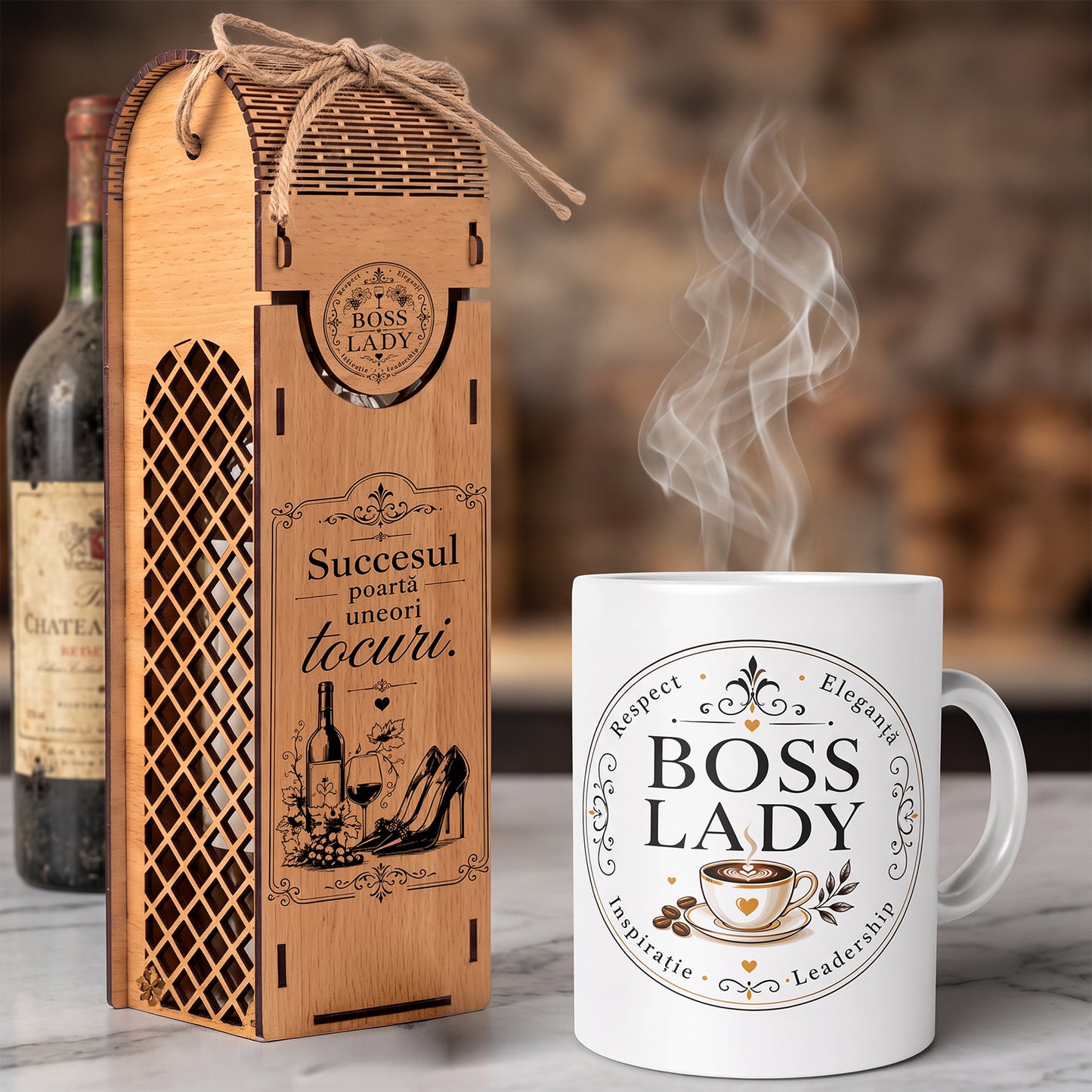 Set cadou Boss Lady - cutie vin din lemn gravat cu mesaj Succesul poarta tocuri, dimensiuni 32x10x9 cm