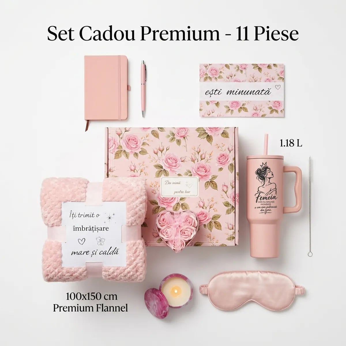 Set cadou premium pentru femei, 11 piese – pătură, termos 1,18 L, lumânare și mască de somn