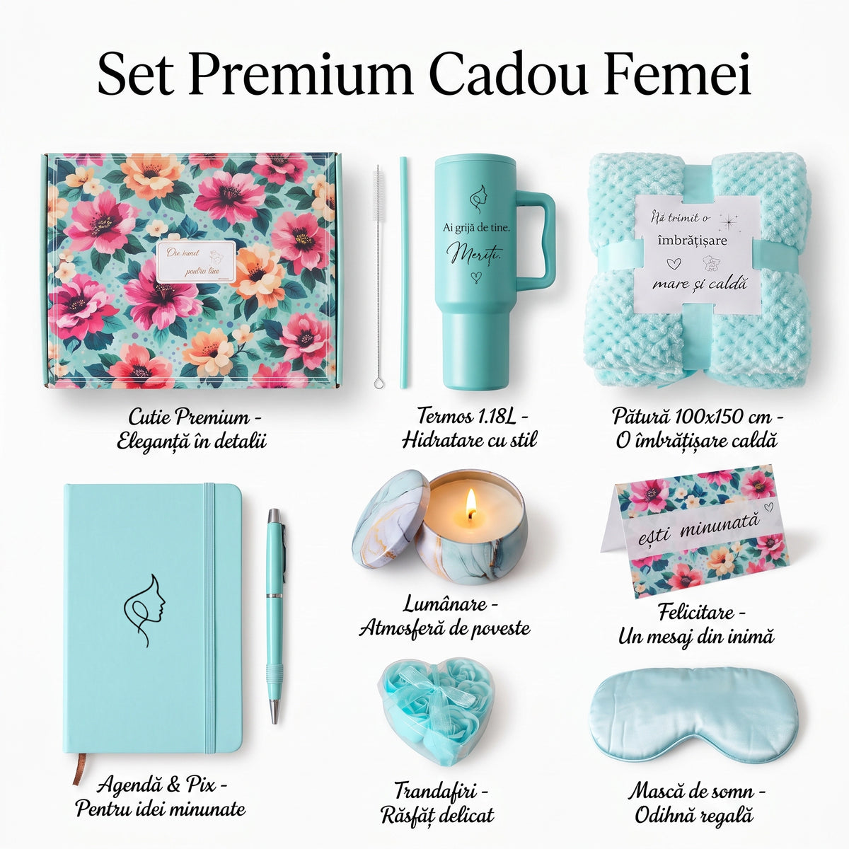 Set cadou premium pentru femei cu termos personalizat, pătură și agendă