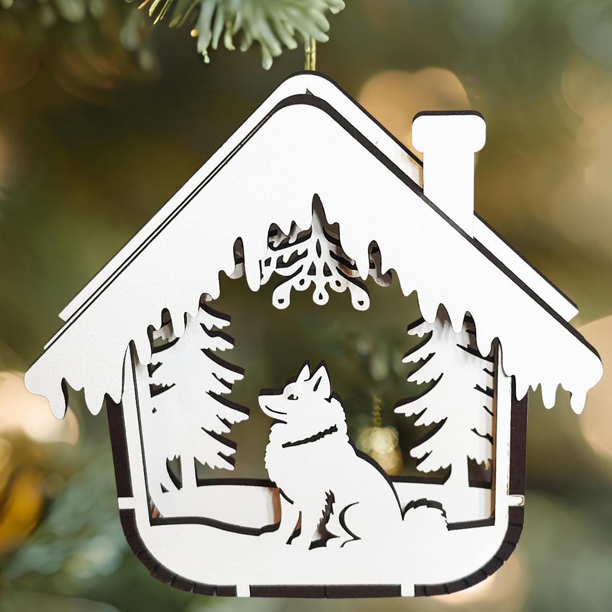 Set 4 Ornamente Brad Craciun 3D din Lemn, JOYSTOS, Casute Decorative 100x100x16 mm, Placaj 3 mm, Globuri Craciun pentru Brad