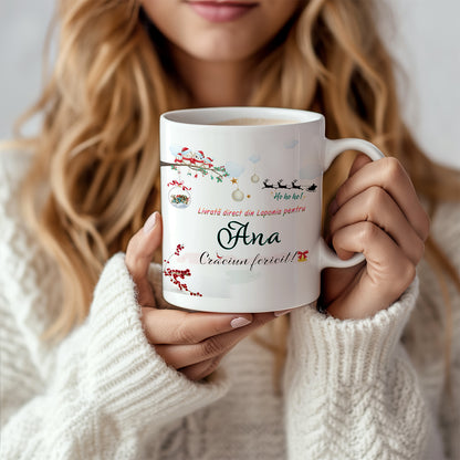 Cana Personalizata de Craciun cu Nume – Livrata Direct din Laponia | Cadou Festiv pentru Copii si Adulti