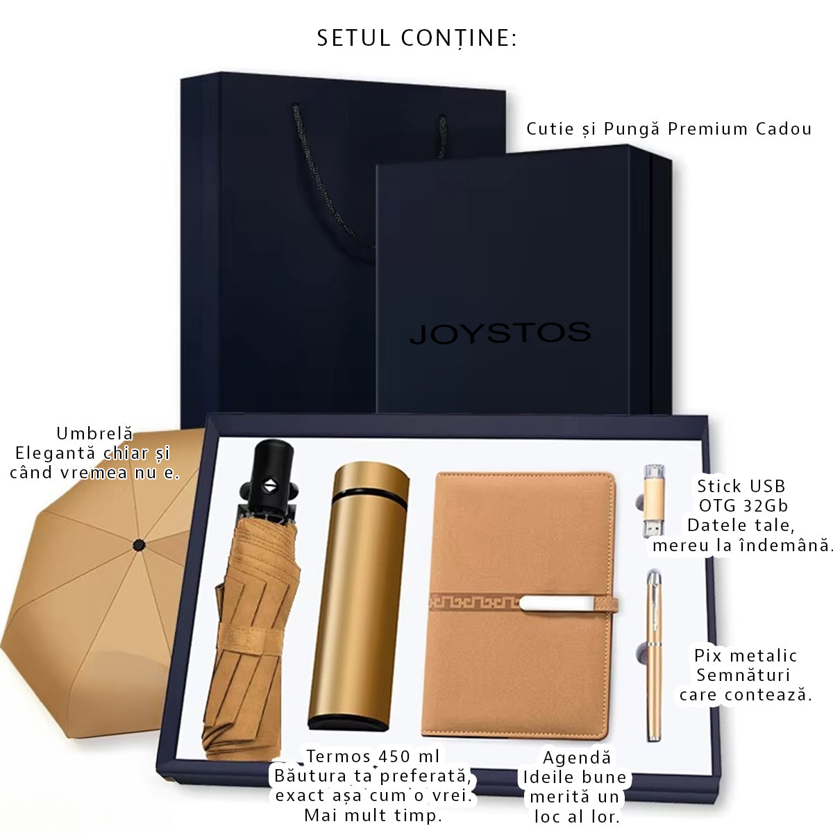 Set Cadou pentru Barbati, Umbrela, Termos inox 450ml, Stick USB 32GB, Agenda, Gold