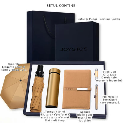 Set Cadou pentru Barbati, Umbrela, Termos inox 450ml, Stick USB 32GB, Agenda, Gold
