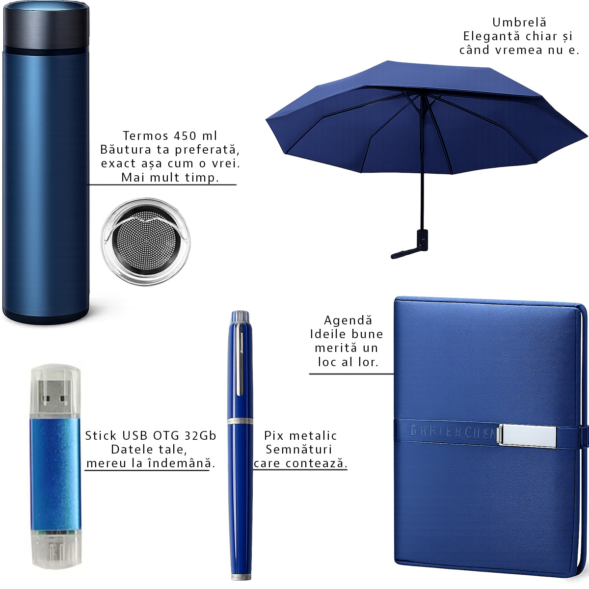 Set Cadou pentru Barbati, JOYSTOS, Umbrela, Termos inox 450ml, Stick USB 32GB, Agenda, Albastru