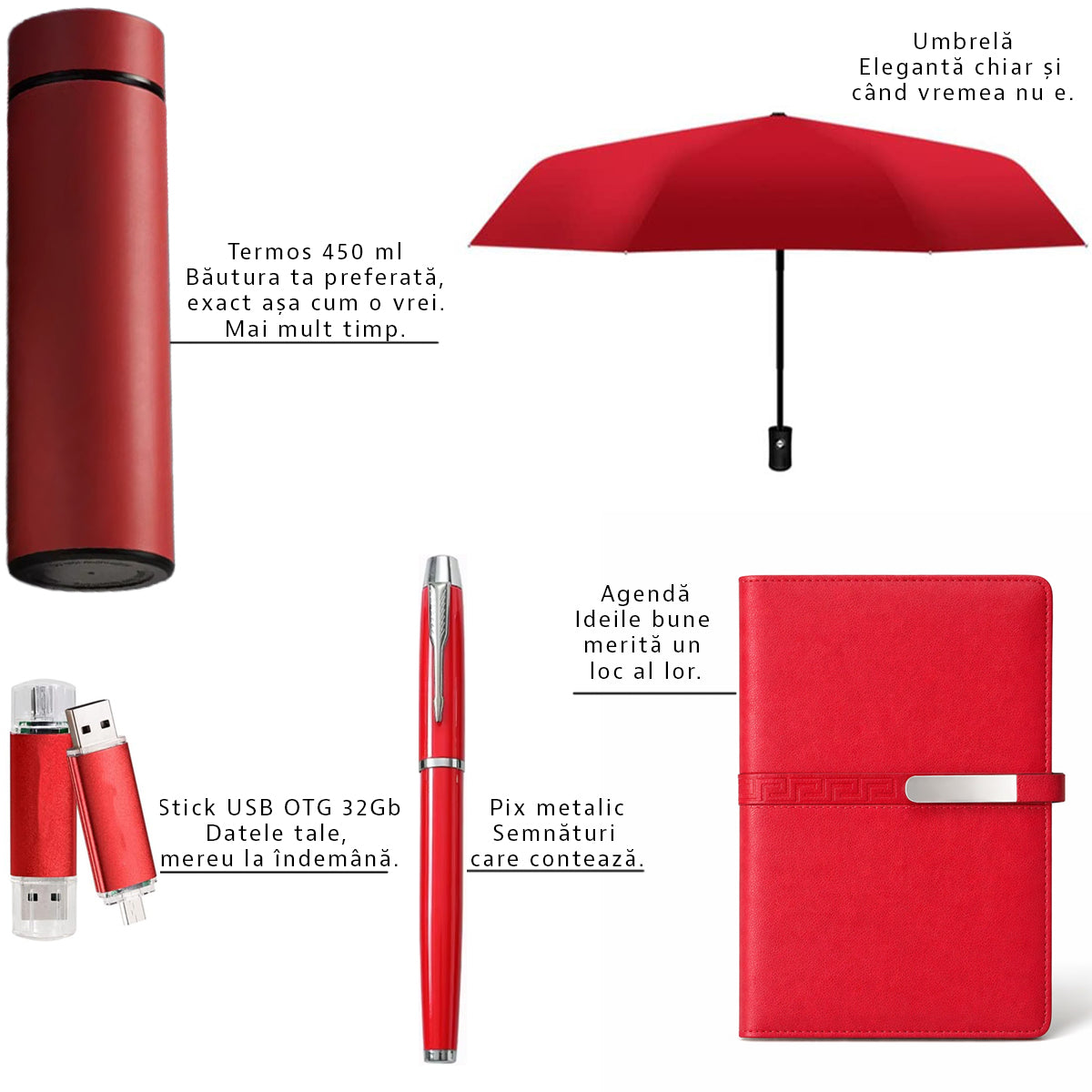 Set Cadou pentru Barbati, Umbrela, Termos inox 450ml, Stick USB 32GB, Agenda, Rosu