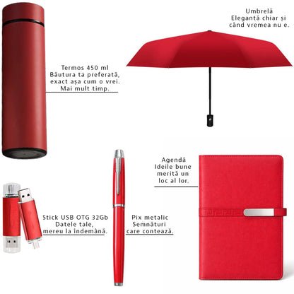 Set Cadou pentru Barbati, Umbrela, Termos inox 450ml, Stick USB 32GB, Agenda, Rosu