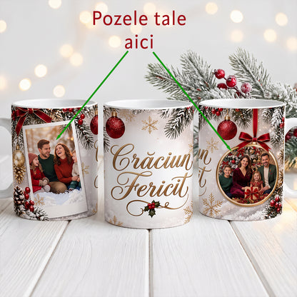 Cană Crăciun Fericit cu indicarea celor două zone de personalizare cu fotografii