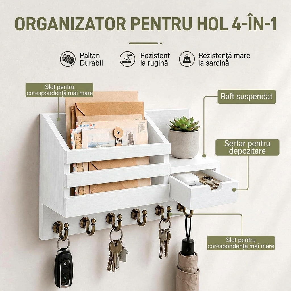 Organizator de Perete 4-în-1 pentru Hol cu Cuier Chei, Suport Corespondență și Sertar Alb
