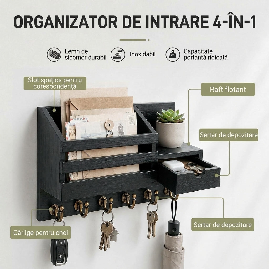 Cuier negru de perete cu șase cârlige pentru chei și raft pentru corespondență