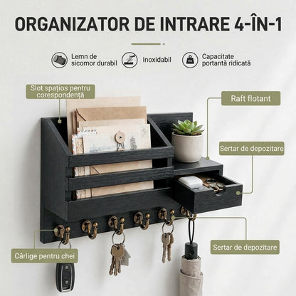 Cuier negru de perete cu șase cârlige pentru chei și raft pentru corespondență