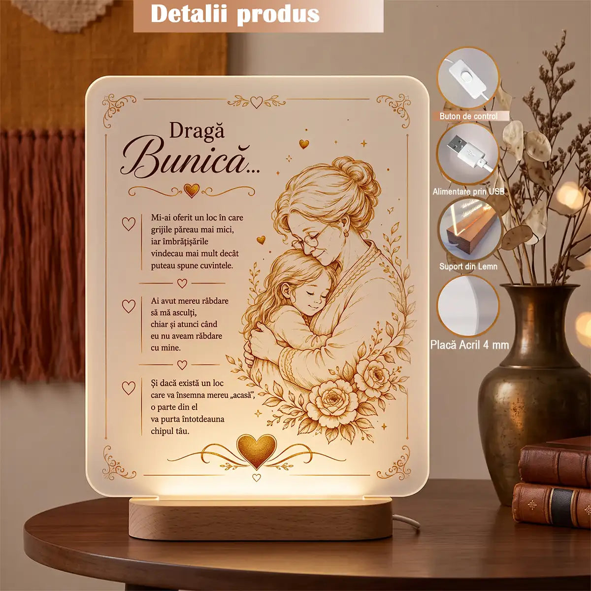 Lampă LED aprinsă cu mesaj pentru bunică