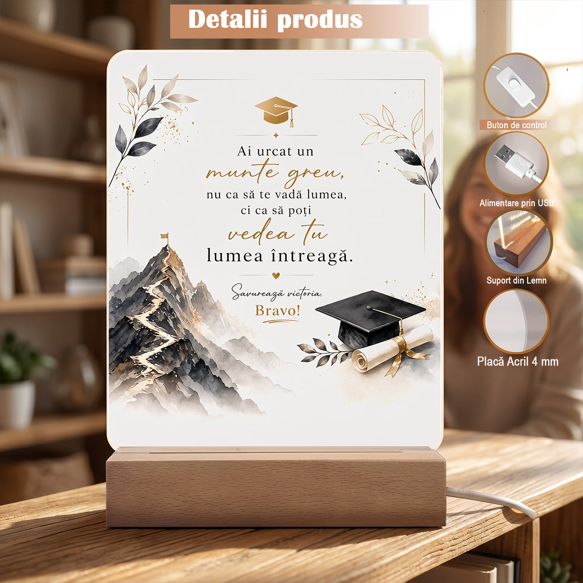 Lampă LED Personalizată Absolvire – Model „Muntele Succesului”