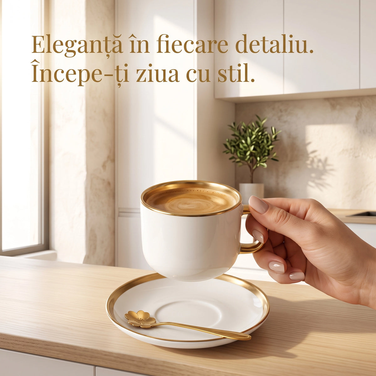 Set 4 cești din ceramică albe cu detalii aurii, farfurioare și lingurițe florale