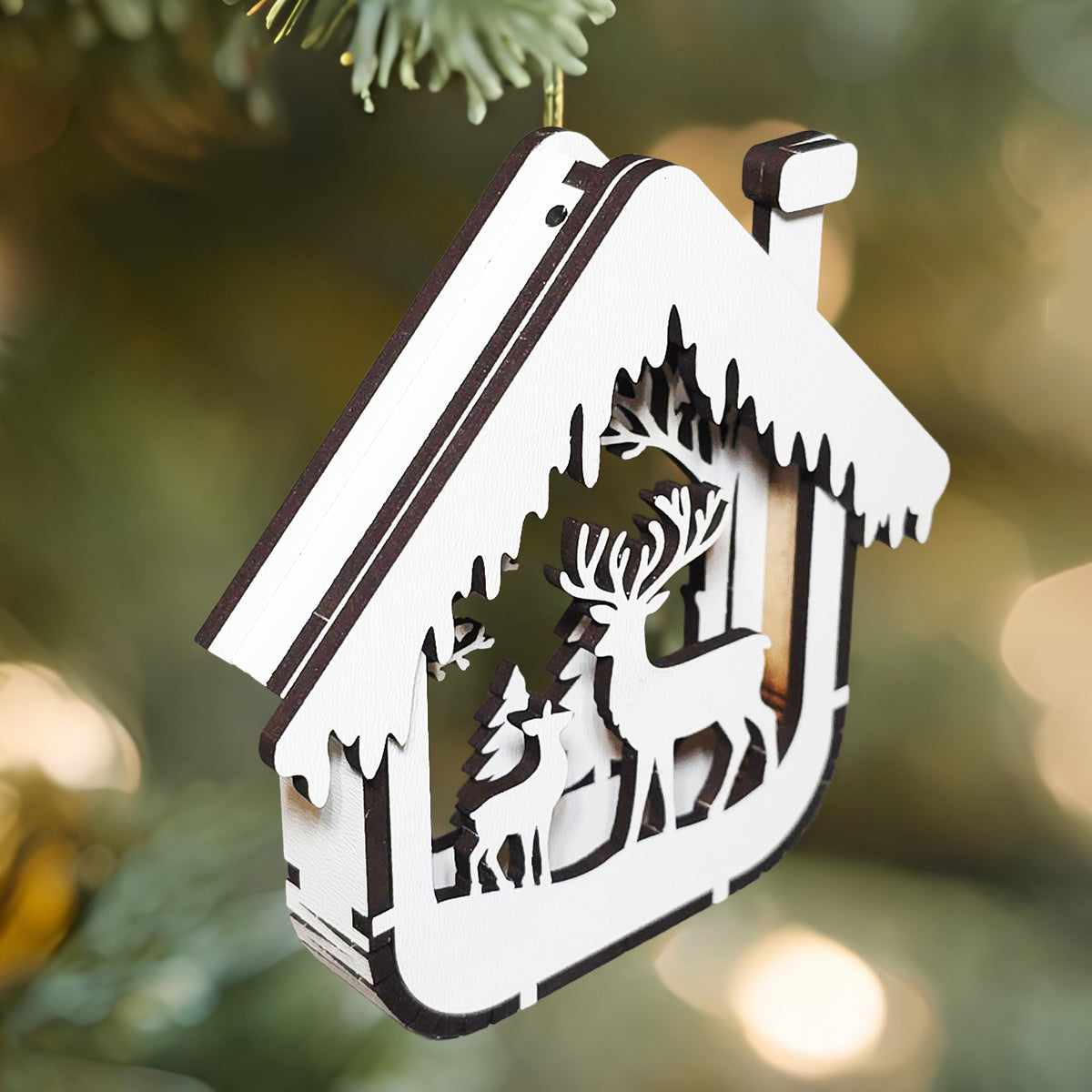 Set 4 Ornamente Brad Craciun 3D din Lemn, JOYSTOS, Casute Decorative 100x100x16 mm, Placaj 3 mm, Globuri Craciun pentru Brad