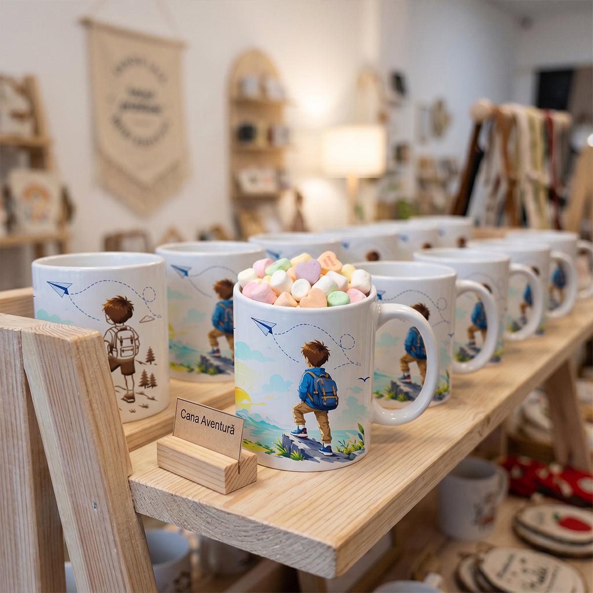 Set Cadou Băiat – Pușculiță din Lemn și Cană Personalizată "Aventurile de Mâine"