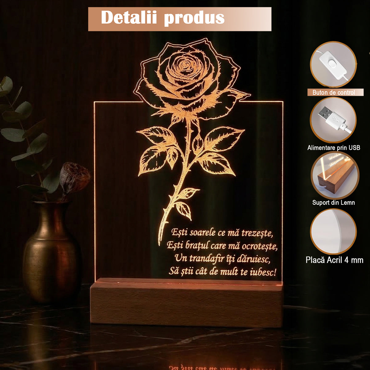 Detaliu gravura laser pe acril de 4mm lampa JOYSTOS cu text cu rima si baza din lemn natural