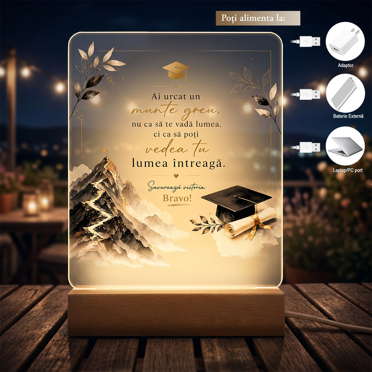 Lampă LED Personalizată Absolvire – Model „Muntele Succesului”